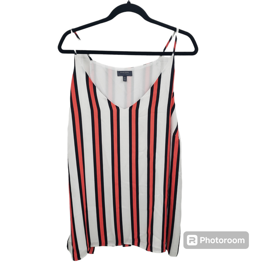 Madison Curvy Striped Tank Top Womens 3x White Spaghetti Straps Chiffon Lined
